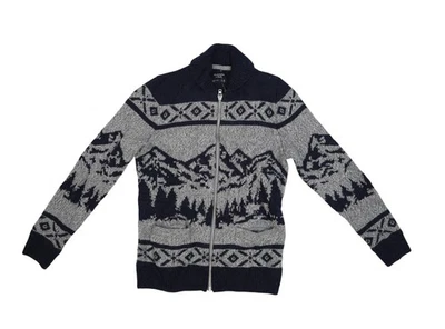 Suéter masculino Abercrombie & Fitch cinza médio marinho zíper completo xale colarinho montanha - Imagem 1 de 4