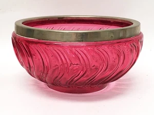 ANTIQUE ENGLISH RUBY CRANBERRY GLASS BOWL VILLIERS & CO EXCELLA EPNS SILVER RIM - Foto 1 di 8