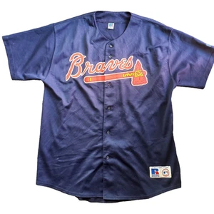 Atlanta Braves 90s Russell Tomahawk navy BP alt jersey 2XL MLB baseball vintage - Picture 1 of 9