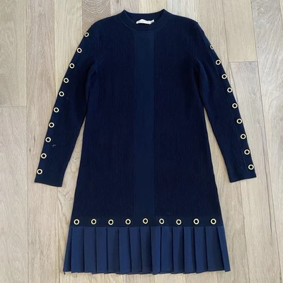 Vestido Suéter Tory Burch Shiloh Talla XS Azul Marino Lana Plisado Ojales Foto 1 de 4
