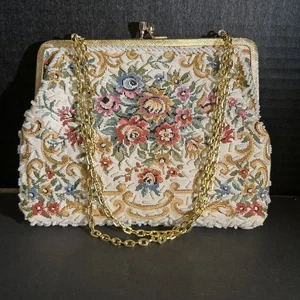 Bolso de Mano Bolso sin Mano Victoriano de Colección con Cuentas Tapiz con Bloqueo de Beso Hecho en Hong Kong - Imagen 1 de 7