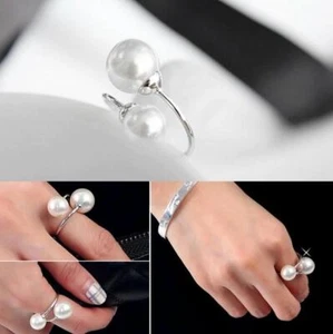 Para mujeres/niñas: anillo ajustable doble de perlas de agua dulce enchapado en plata de 8 mm y 10 mm - Imagen 1 de 3