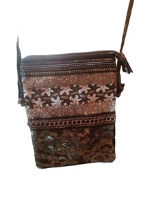 Green Velvet Embroidered Gold Sequins Zippered Evening Crossbody W Phone Pocket - Picture 1 of 6