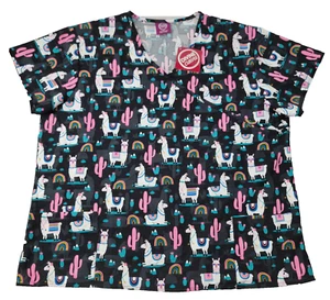 Divine Curves Womens Scrub Top Size 2X Multicolor Llamas Cactuses Rainbows NWT - Picture 1 of 11