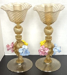 Salviati Murano Venetian Glass Italian Gold Fleck Pair Candle Holders 1940's - Picture 1 of 12
