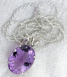 28,75 Karat Schachbrett Oval Amethyst Sterling Anhänger 20 Zoll 1,7 mm Seilkette - Bild 1 von 2