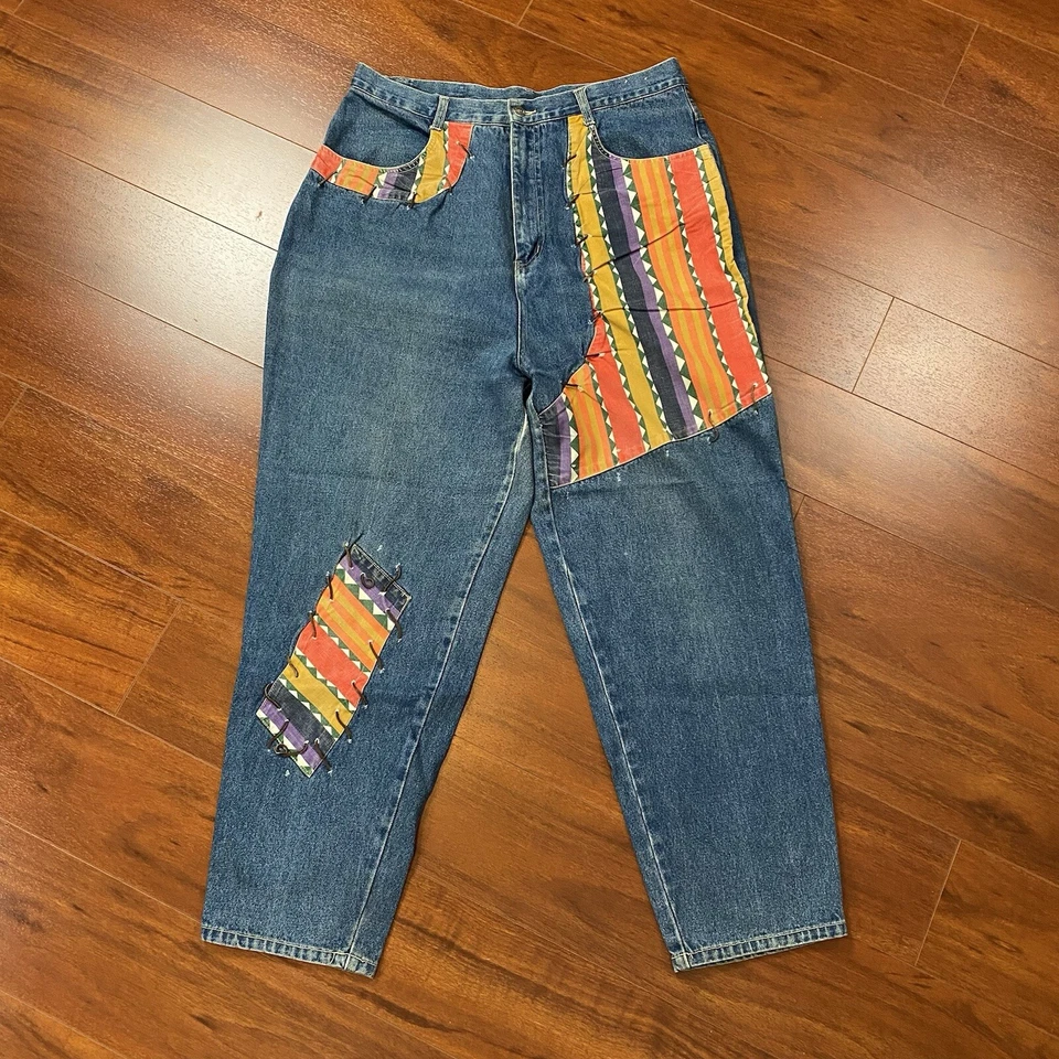 Pantalones de mezclilla para mujer I Love Zana Di de los 90 con retazos de cuero y puntada talla 34x30 Foto 1 de 4