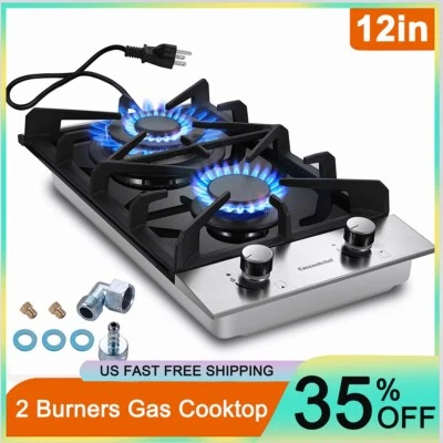 2-Burners Gas Cooktop 12in Eascookchef Tempered Glass NG/LPG Convertible New