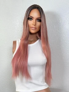Pink Ombré Long Straight Wig | Heat Safe Synthetic Hair Wig for Bachelorette - Picture 1 of 10
