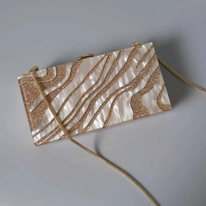 Women Party Clutch Purse Wedding Evening Bag Gold Sequin Striped Box Clutch - Image 1 of 4