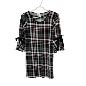 Lily Bleu Girls XL Dress Black Pink Plaid 3/4 Tie Bell Sleeves - Picture 1 of 5