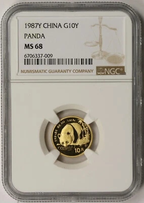 Y China Panda Gold 1987 10 yuanes 10 años 1/10 oz décima onza como nuevo 68 NGC Foto 1 de 4