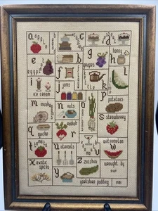 Food Alphabet Cross Stitch Completed Framed Kitchen Fruits ABCs Hand Stitched - Picture 1 of 7