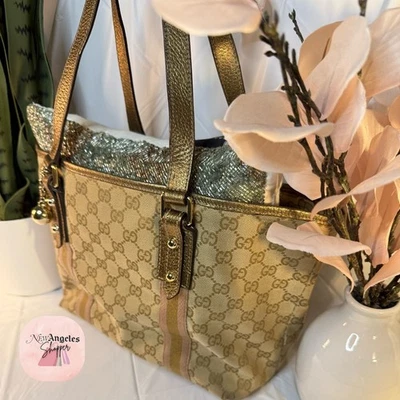 Bolso de Mano GUCCI Auténtico Monograma Dije Rosa/Tostado Con Correas Metálicas Doradas *Era Y2K Foto 1 de 4
