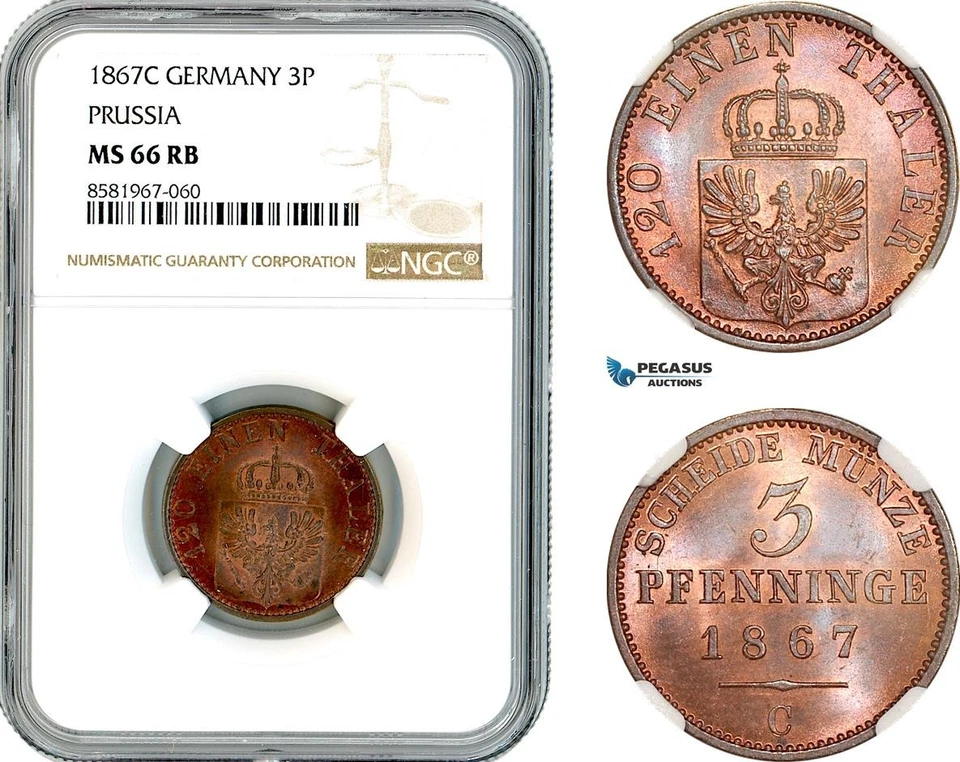 AL308, Germany, Prussia, Wilhelm I, 3 Pfennige 1867 C, NGC MS66RB, Top Pop! - Image 1 of 1