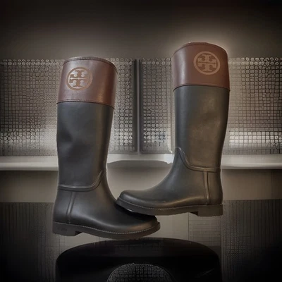 Tory Burch Size 6 M ~ Brown & Black Riding Style Knee High Rain Boots WORN 1X - Image 1 of 4