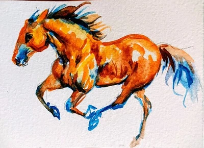 Aceo  Horse Running art,original Watercolor painting Horse Lover gift 3.5x2.5" - Image 1 of 4