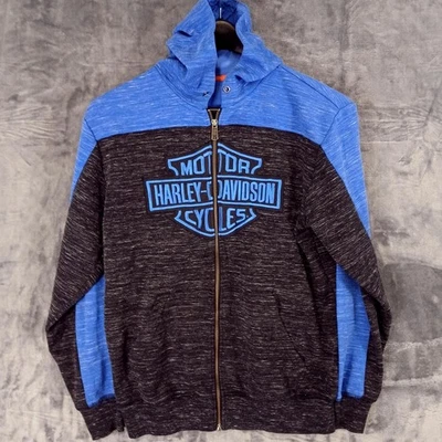 Harley Davidson Hoodie Mens Medium Blue Black Full Zip Bar Shield Logo Biker - Image 1 of 4