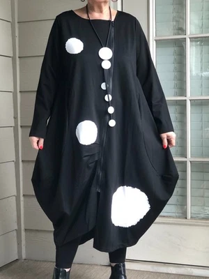 LAGENLOOK  ARTSY BOHO BUBBLE ASYMMETRICAL BLACK WHITE POLKA DOTS DRESS+NECKLACE  - Image 1 of 4