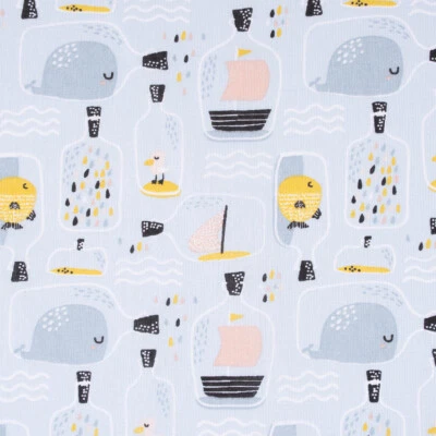 Baumwollstoff Bottle Flaschenpost Wal hellbau gelb rosa 1,40m Breite - Bild 1 von 4