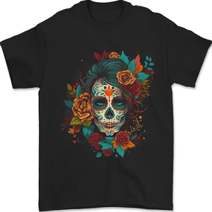 Camiseta A Sugar Skull With Flowers Día de Muertos para hombre 100 % algodón - Imagen 1 de 2