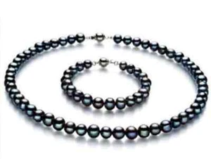 set 8-9mm tahitian round black peacock round pearl necklace bracelet - Picture 1 of 1
