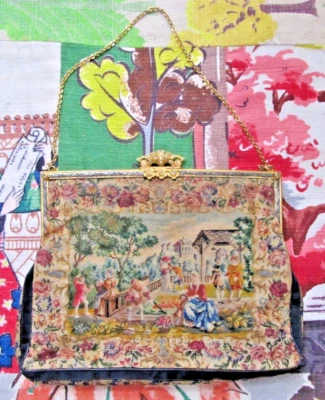 Vintage Petite Point purse blue satin lining w/sterling & pearl flower closure - Image 1 of 4