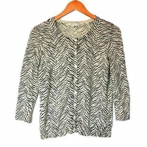 LOFT Striped Cream 3/4 Sleeved Button Cardigan M - Picture 1 of 8