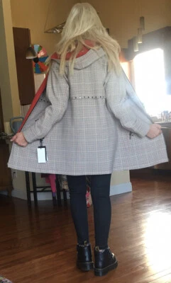 NWT W BY WORTH ORANGE JACKET TRENCH COAT TAN RUST PLAID HOODIE REVERSIBLE S Foto 1 de 4