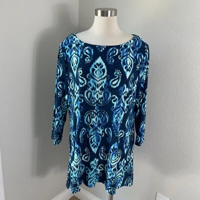 JM Collection Womens Plus XXL Blue Ikat Print 3/4 Sleeve Stretch Tunic Top Shirt - Image 1 of 4