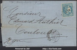FRANCE N°46B SUR LETTRE AMBULANT DE JOUR ML2° MARSEILLE A LYON DU 26/05/1871 - Picture 1 of 2