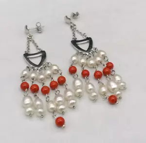orecchini pendenti chandelier donna argento bianco perle vere vero corallo rosso - Foto 1 di 7