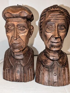 Vintage Hand Carved Wooden Old Man Woman Bust Heads Dark Wood Book Ends 8.5”H - Picture 1 of 12
