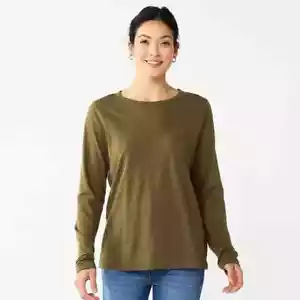 SONOMA Olive Green Long Sleeve Crewneck Cotton Tee T-Shirt Women XL - Picture 1 of 7