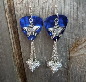 Silver Star Charms on Blue MOP Guitar Pick Earrings with Silver Rhinestone Beads - Picture 1 of 4