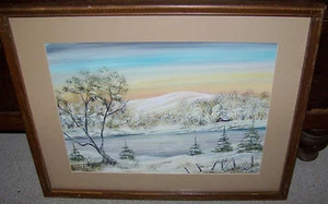 VINTAGE WINTER WATERCOLOR FARM BARN PAINTING HEMLOCK LAKE NY ALEX MCINTYRE - Bild 1 von 7