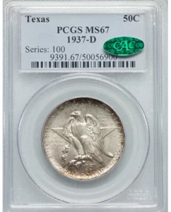 Texas 1937-D Silver Commemorative 50C PCGS MS67 CAC, Bright with Rim Toning ! - Picture 1 of 2