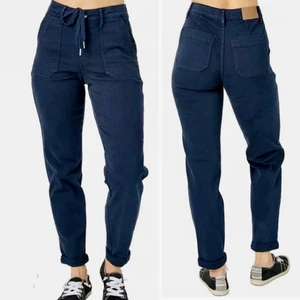 Judy blau High Waist Jogger gerades Bein Stretch marineblau Kordelzug Jeans Gr. 5 neu mit Etikett - Bild 1 von 18