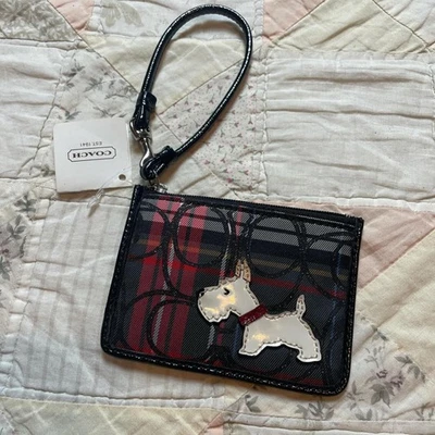 coach red and black tartan plaid scotty dog credit card wristlet nwt - Imagem 1 de 4