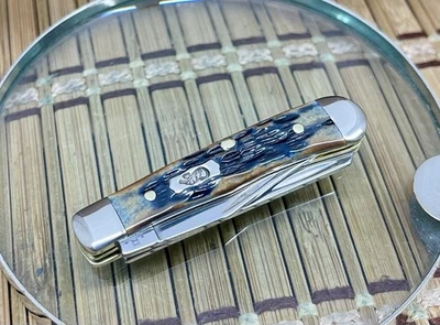 Cuchillo trampero pequeño Case XX EE. UU. de bolsillo usado a mano hueso azul mediterráneo Foto 1 de 4