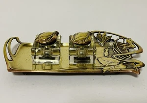 Antique Art Nouveau Brass Desk Stand Glass Inkwells by Geschutzt - Picture 1 of 16