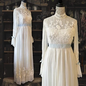 Vintage 60s Eyelet Lace Regency Empire Waist Babydoll Wedding Dress Size XS - Picture 1 of 18