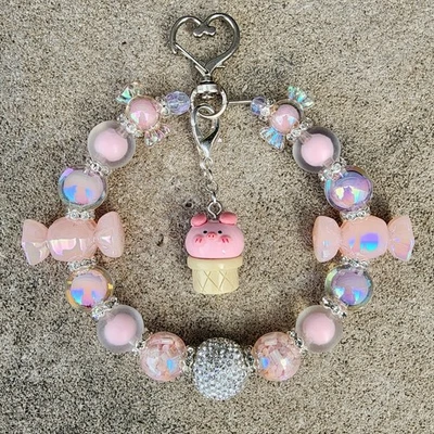 Llavero con cuentas Kawaii, dije de bolso, teléfono, encanto de cartera, clip de bolsa: helado cerdito Foto 1 de 4