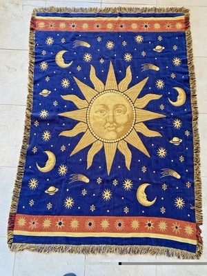 Vintage 90s Celestial Sun Moon & Stars Throw Blanket Tapestry Cosmos Whimsigoth - Image 1 of 4