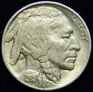 1915-D BUFFALO NICKEL, GRADE: ABOUT UNCIRCULATED AU, SEMI-KEY DATE, REVERSE CUD! - Picture 1 of 2
