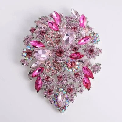 3.94" Pink Rhinestone Crystal Flower Drop Brooch Pin Pendant Fashion Brooch - Image 1 of 2