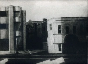 OLD DOWNTOWN CITYSCAPE Original Modernist MEZZOTINT Pencil Signed. LISTED ARTIST - Picture 1 of 2