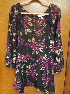 Jessica Simpson MATERNITY Size L Sheer Black Floral Top Blouse 3/4 Slv Button-Up - Picture 1 of 20
