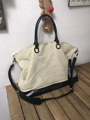 SOLE SOCIETY WEEKENDER BAG BEIGE BLACK CANVAS HOBO LARGE DUFFLE TOTE - Image 1 of 4