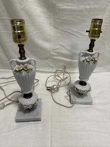 PAIR OF VINTAGE PORCELAIN TABLE LAMPS  w/Marble Base, Flowers/Handles  13” WORKS - Picture 1 of 13